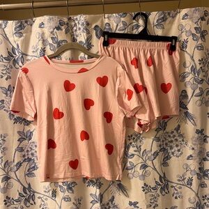SHEIN Pink Short Sleeve Top & Shorts Pajama Set with Red Hearts